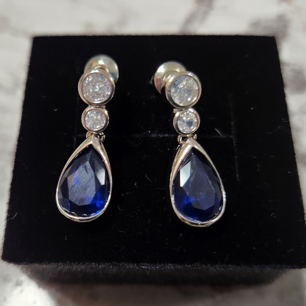 New Gemstone Blue Sapphire Drop Earrings - Picture 2 of 4
